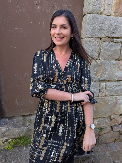 Robe de fêtes noir et beige camel manches longues