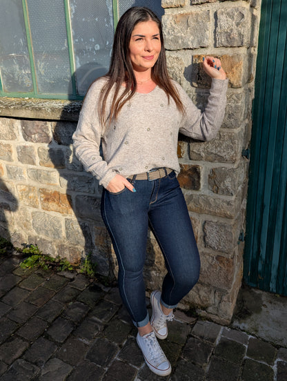 Pull beige taupe soleils col en V femme tout doux