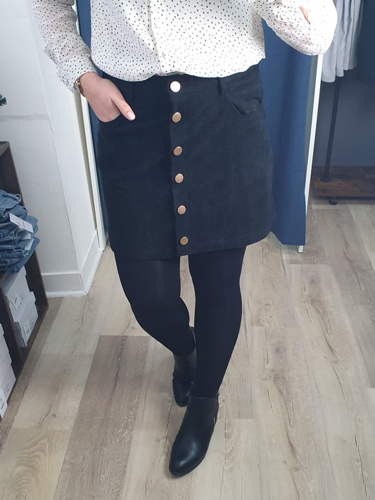 Jupe courte femme noir velours avec boutons dorés devant