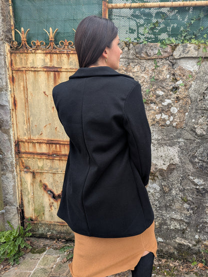 Caban femme noir mi long avec revers manche léopard