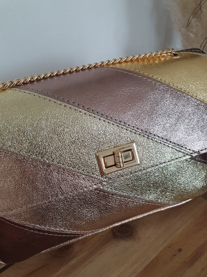 Sac en cuir italien doré cuivré bronze avec bandoulière doré