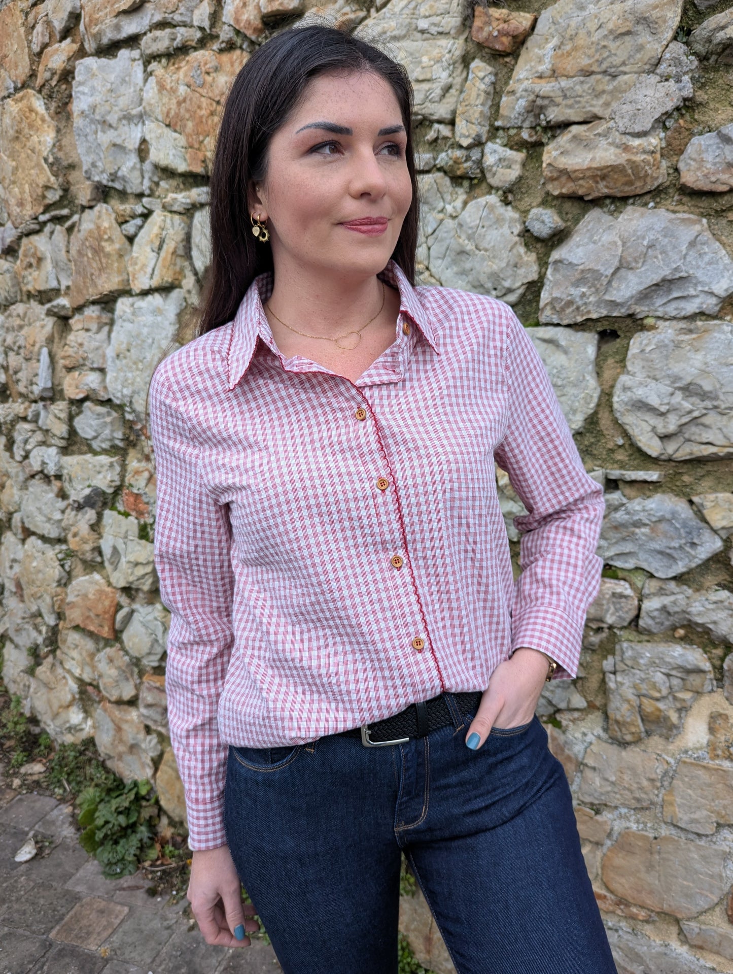 Chemise vichy rouge et blanc à petits carreaux femme