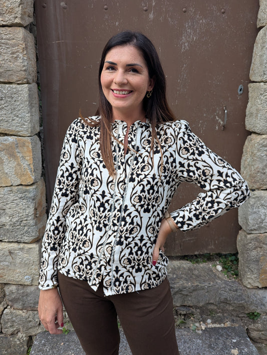 Blouse femme fleurs baroques beige noir marron