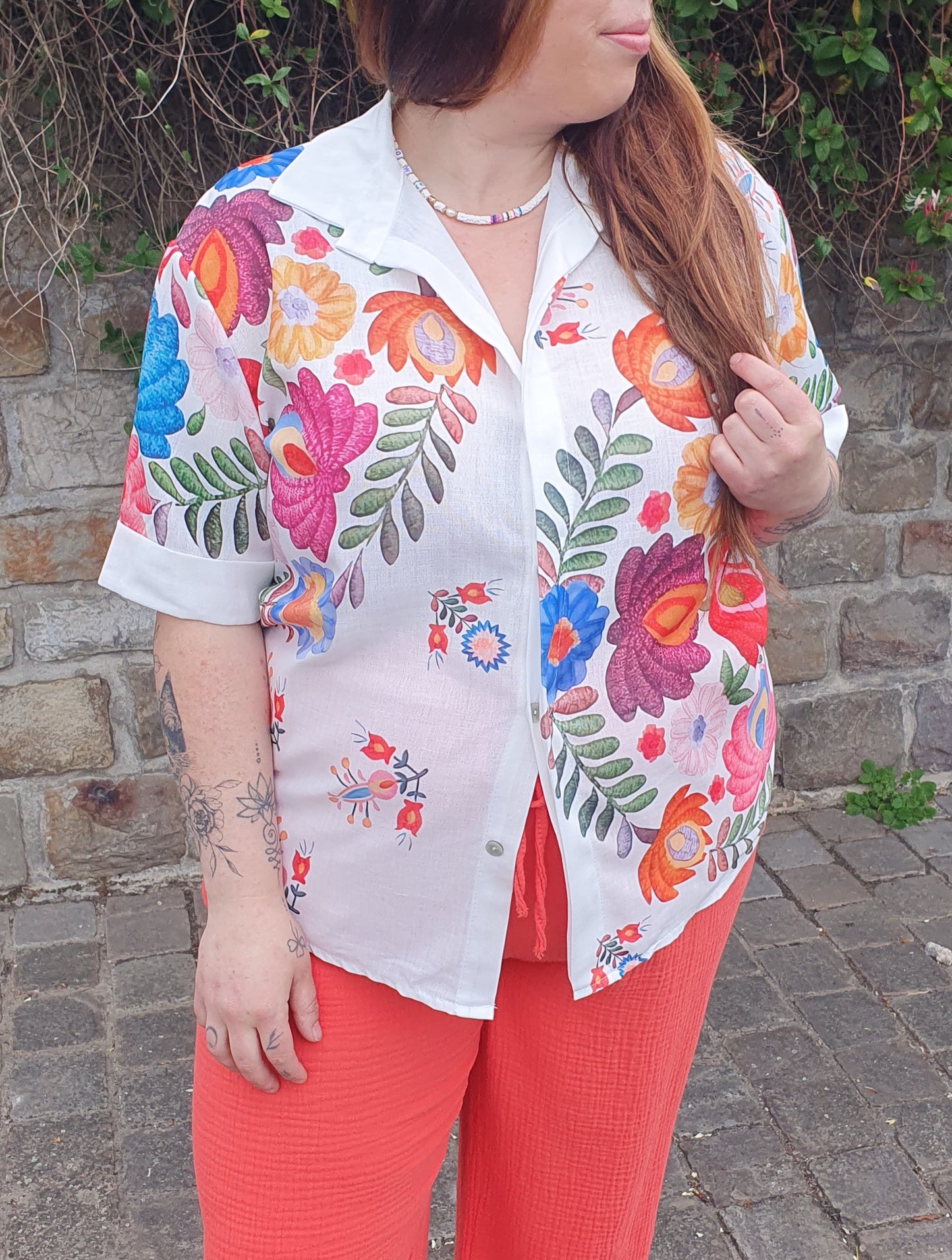 Chemisier imprimé fleurs multicolores en lin grande taille