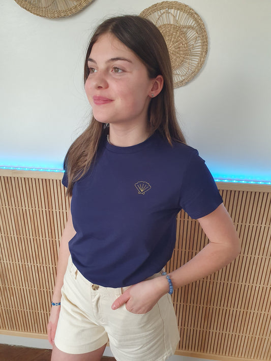 T-shirt bleu marine avec coquillage brodé doré pour fille