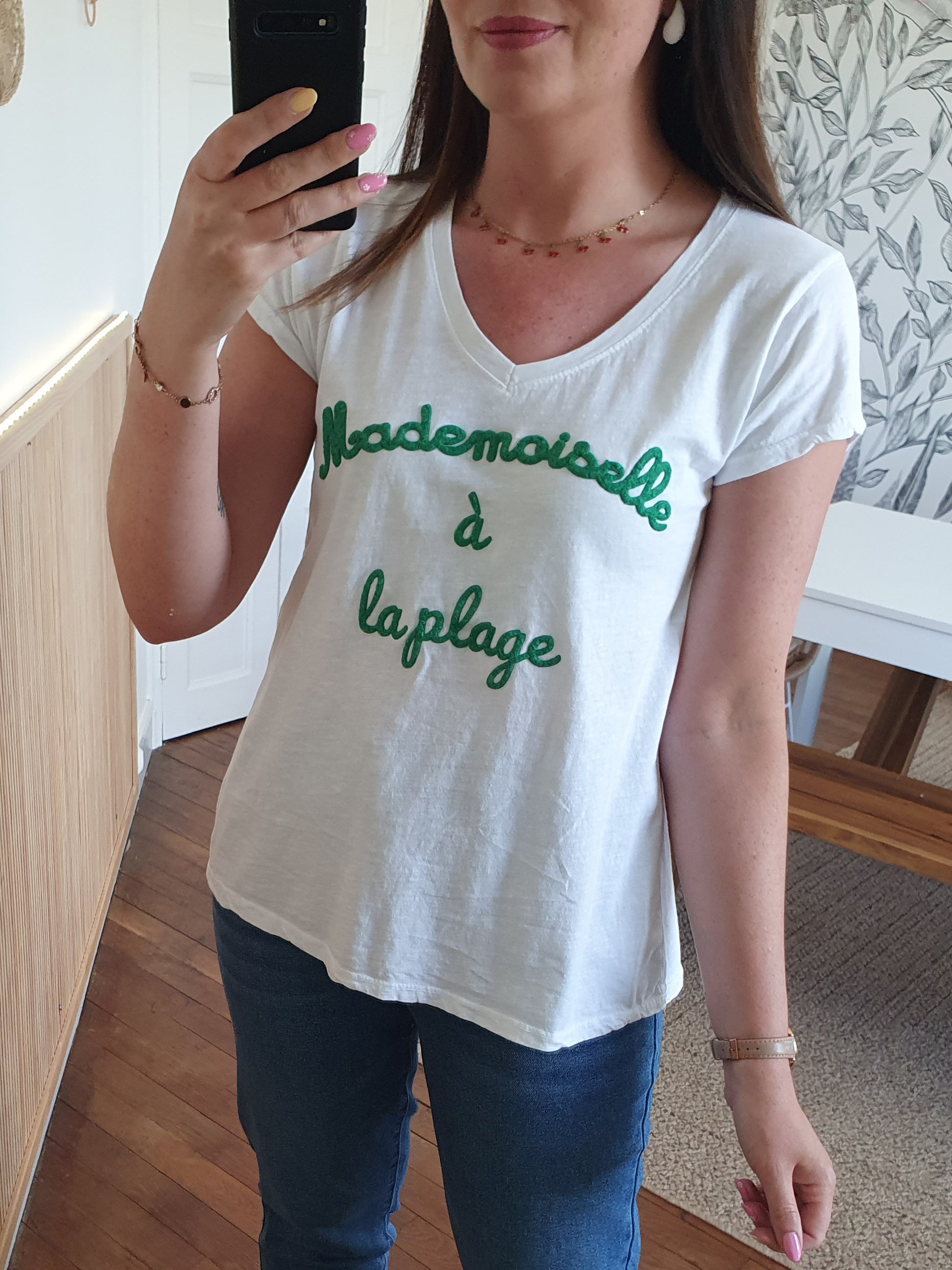 T-shirt mademoiselle à la plage blanc et vert taille unique