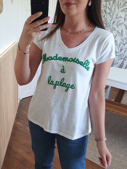 T-shirt mademoiselle à la plage blanc et vert taille unique