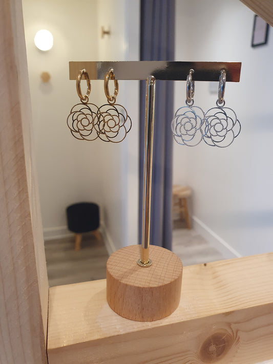 Boucles d'oreilles créoles fleur rose doré et argenté femme