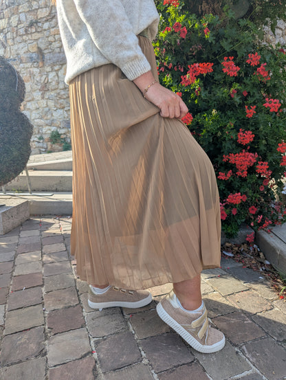Jupe longue plissée marron camel pour femme