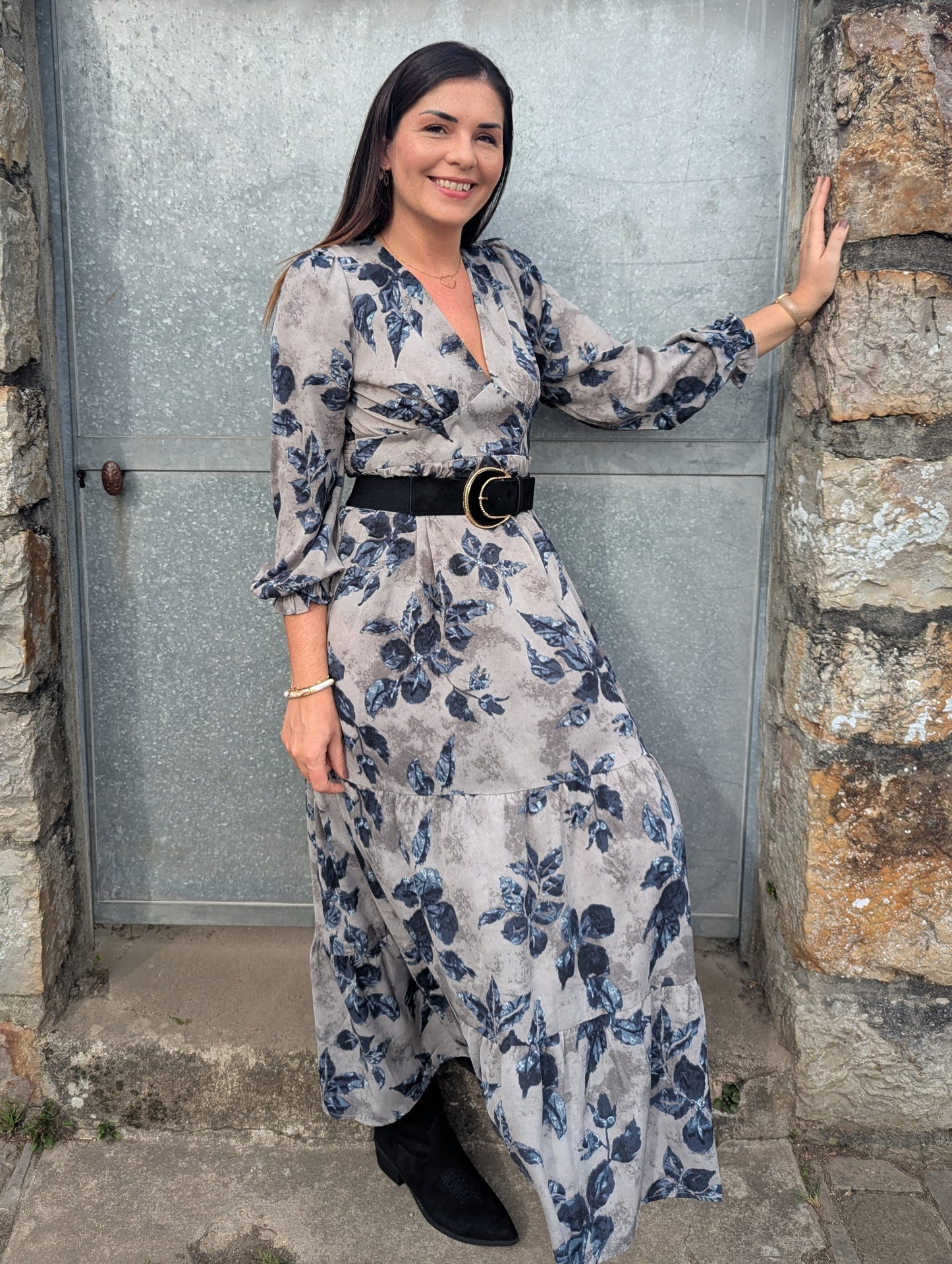 Robe longue feuilles gris beige automne hiver femme