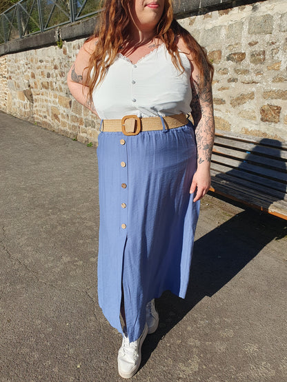 Jupe longue bleu jean avec ceinture paille élastique