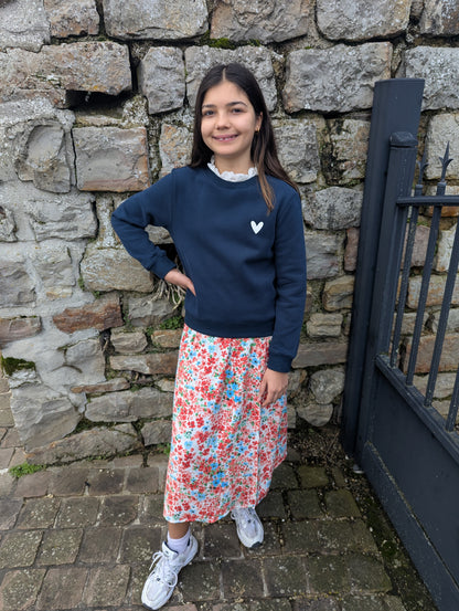 Sweat bleu marine avec col dentelle blanche pour fille