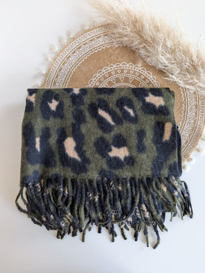 Echarpe épaisse léopard kaki pour femme franges