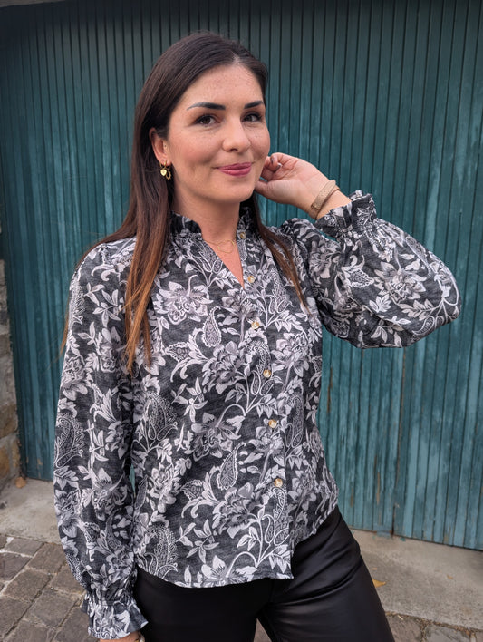 Blouse fluide fleurie gris femme col rond montant