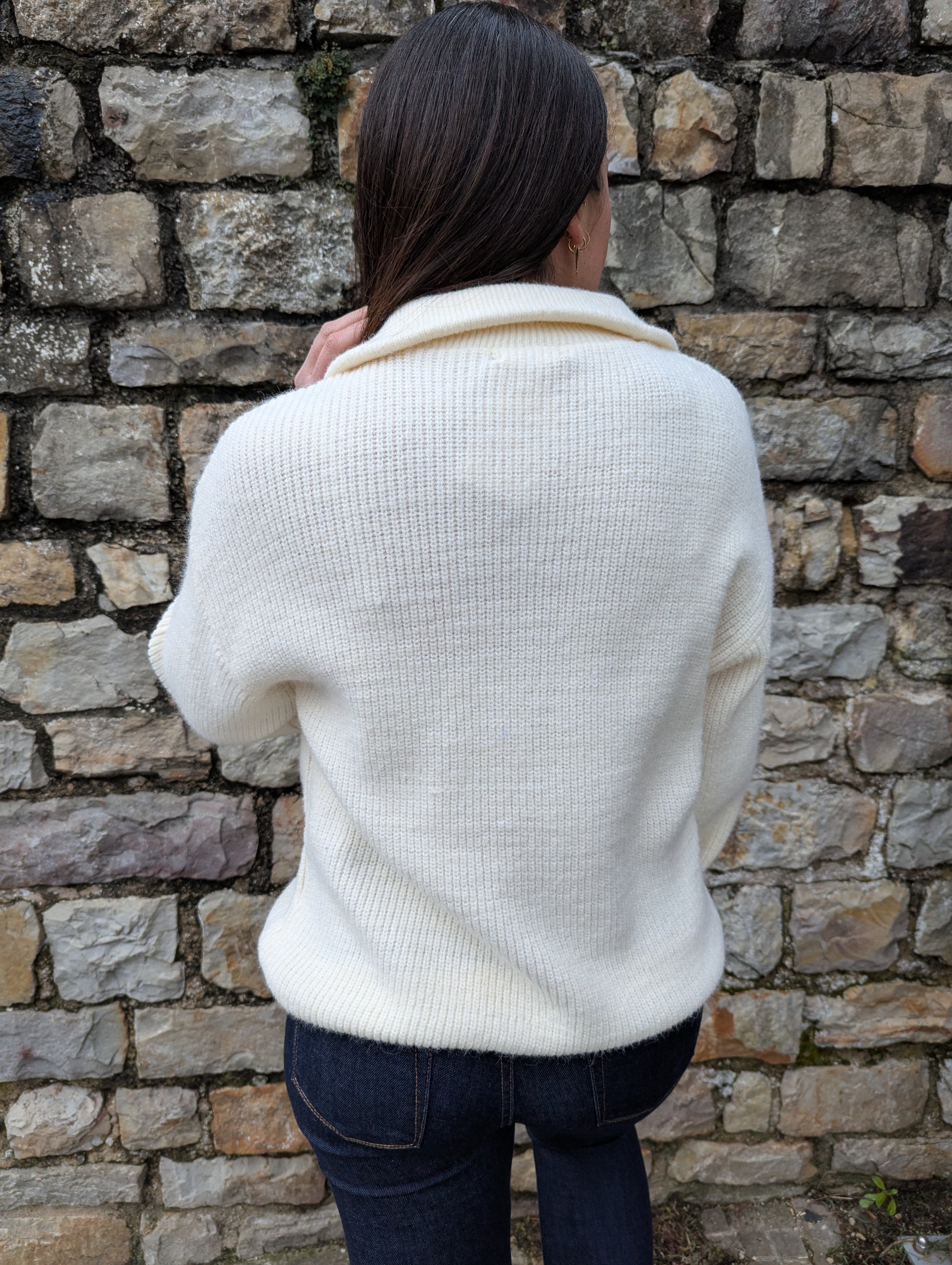 Pull beige clair col camionneur grosses mailles femme