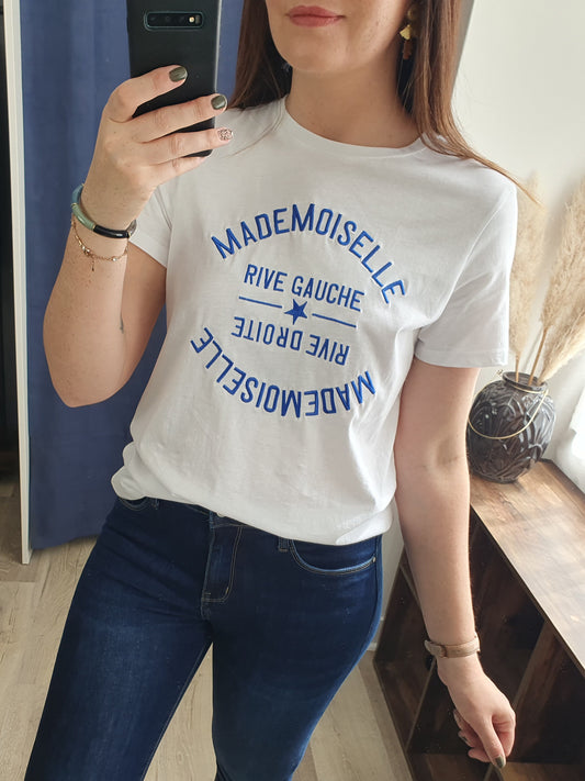 T-shirt Mademoiselle rive droite blanc et bleu col rond