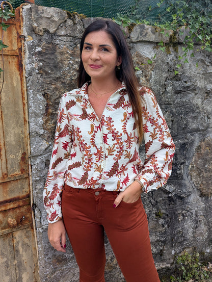 Chemise femme motif feuilles automne écru terracotta