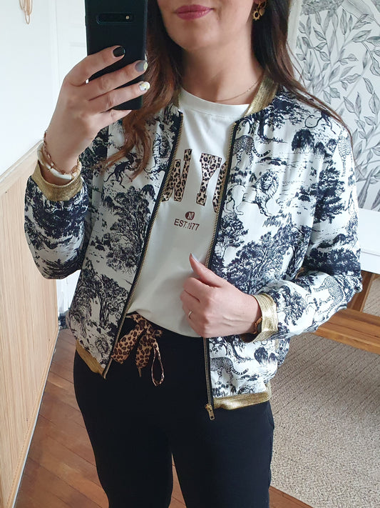 Bomber femme jungle noir et blanc détails dorés poches