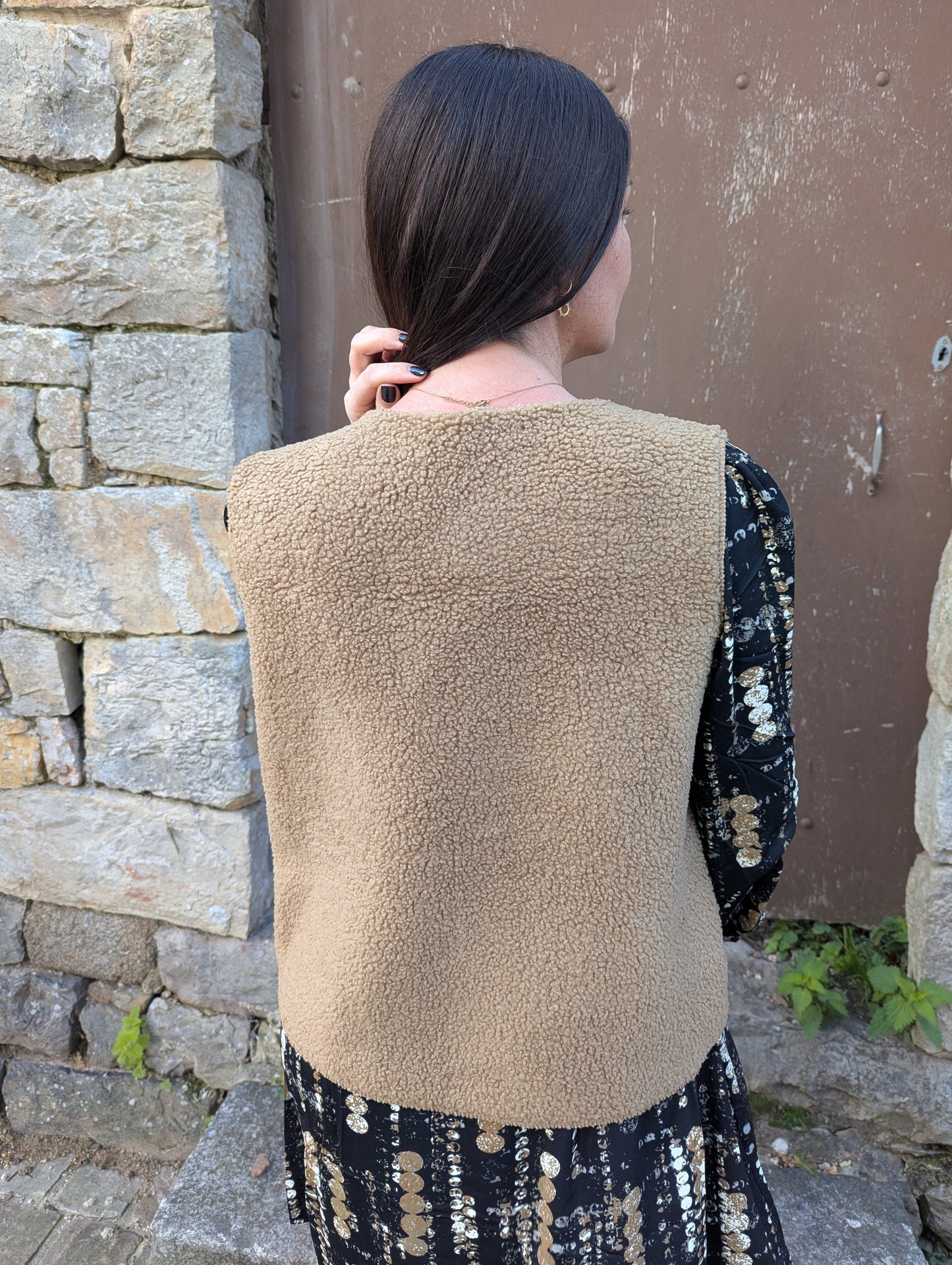 Gilet moumoute camel femme sans manches