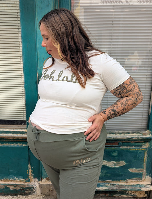 T-shirt OOHLALA blanc et kaki grande taille col rond