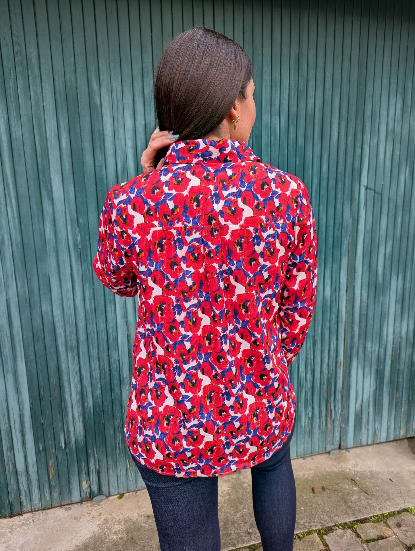 Chemise fluide imprimé fleurs coquelicots fushia bleu