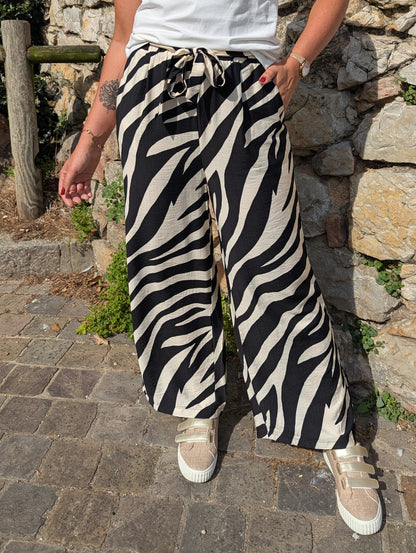 Pantalon larges zèbre noir et beige avec noeud devant