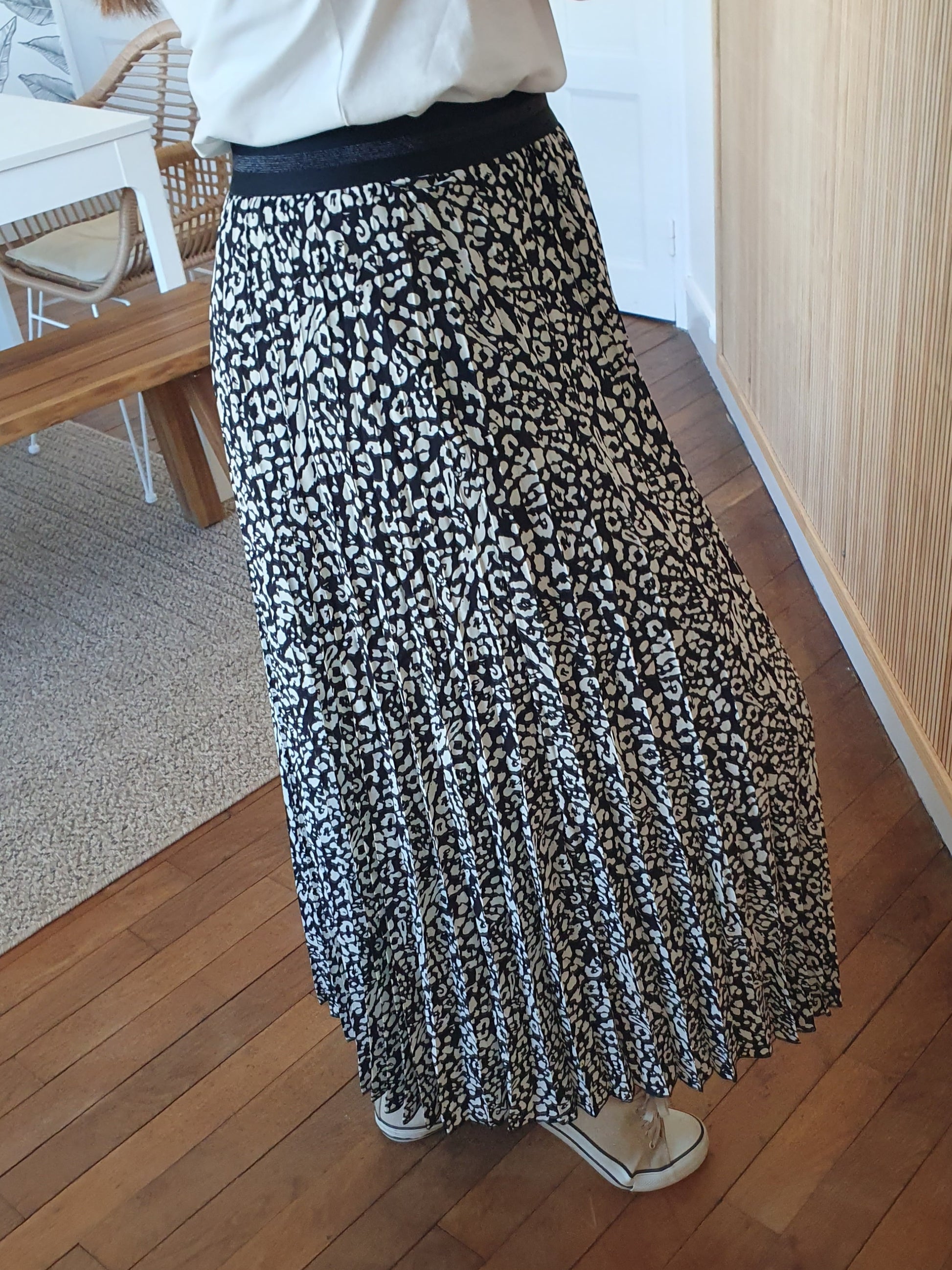 Jupe longue plissée léopard noir écru collection mère fille