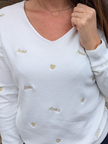 Pull blanc et doré amour avec coeurs brodés femme