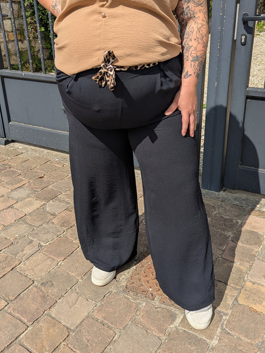 Pantalon fluide noir ceinture léopard grande taille