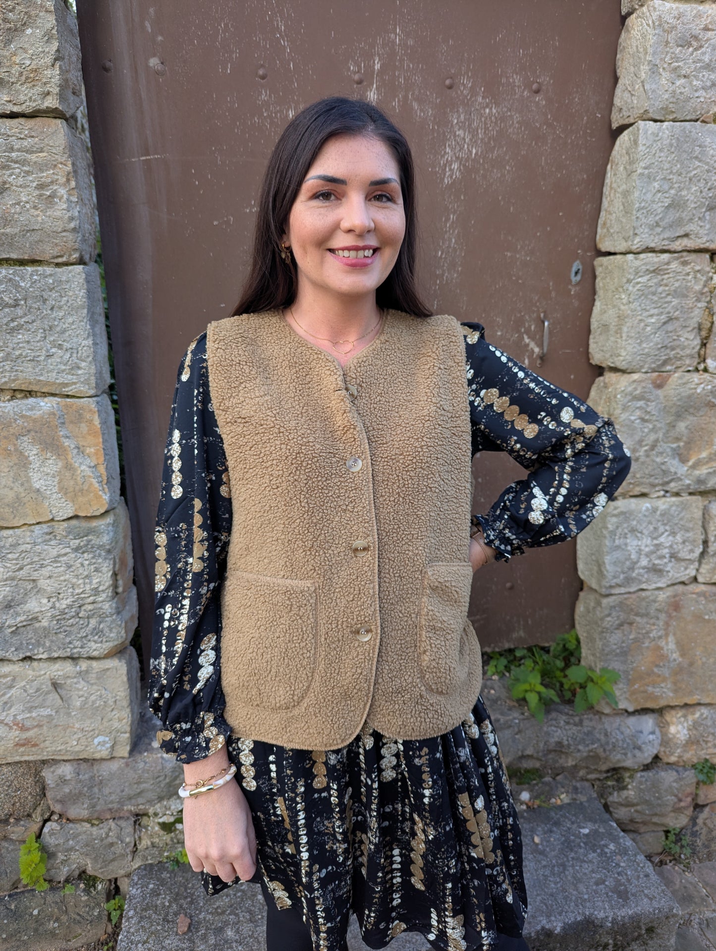 Gilet moumoute camel femme sans manches