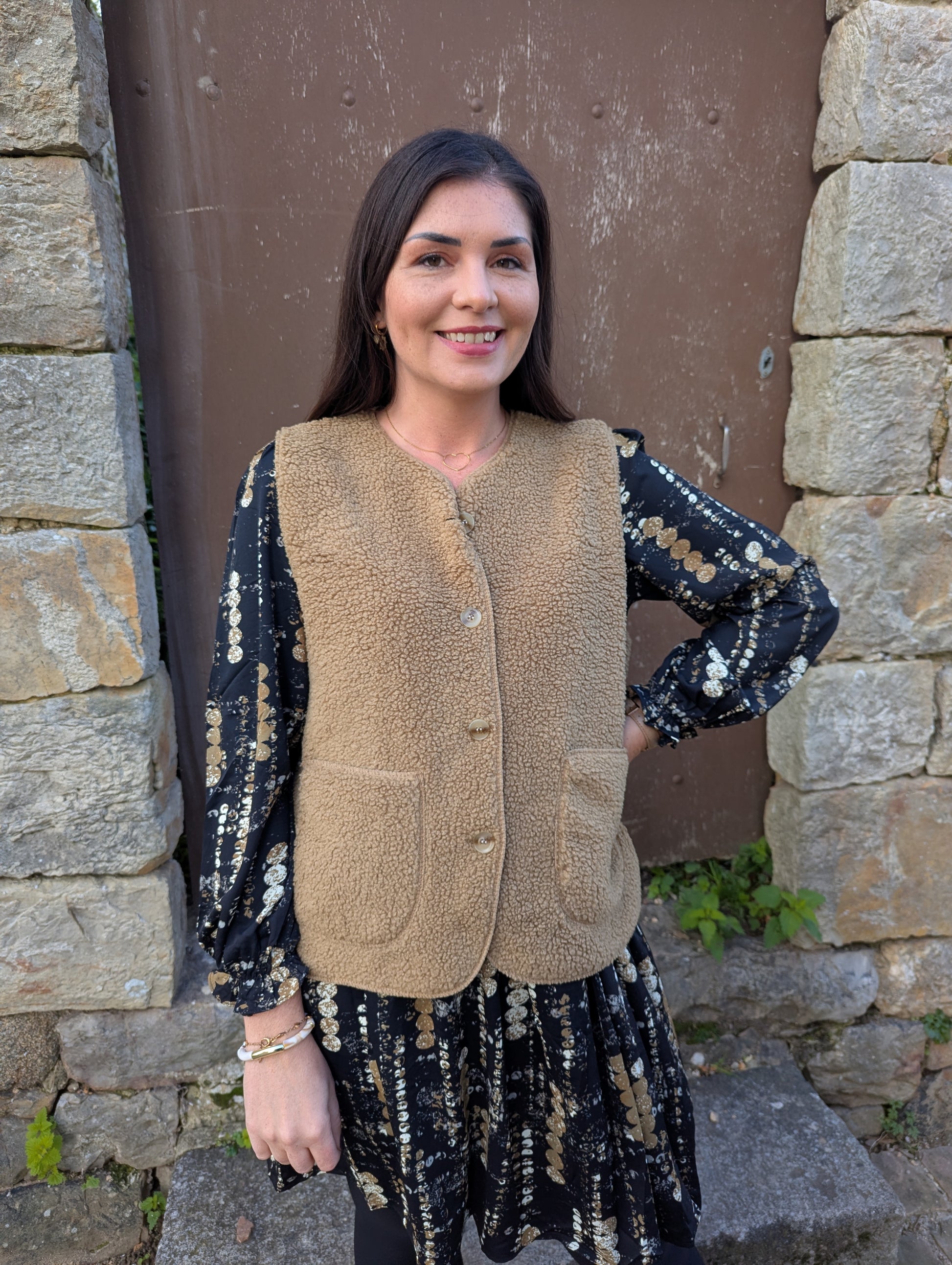 Gilet moumoute camel femme sans manches