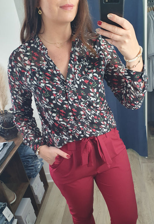 Chemisier fluide femme motif floral noir blanc rouge