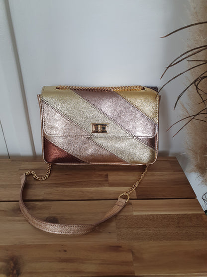 Sac en cuir italien doré cuivré bronze avec bandoulière doré