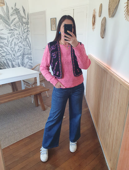 Gilet reversible rose vif forme cache-cœur mailles ajourées