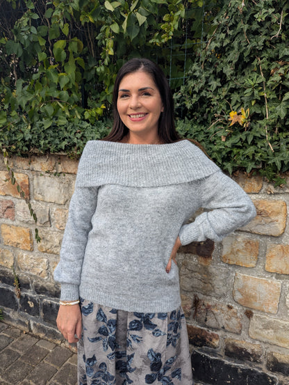 Pull oversize à col revers sur les épaules gris femme