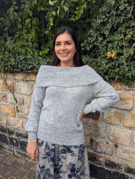 Pull oversize à col revers sur les épaules gris femme