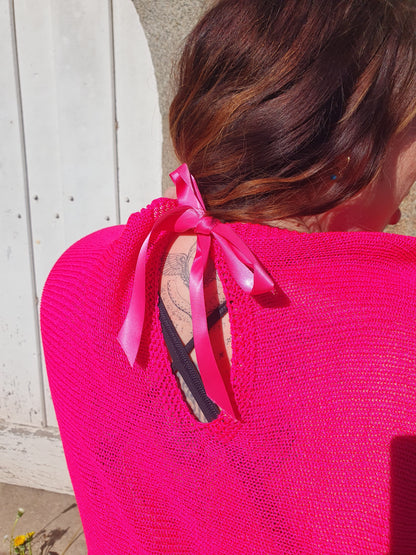 Pull ajouré rose fushia manches chauve souris grande taille