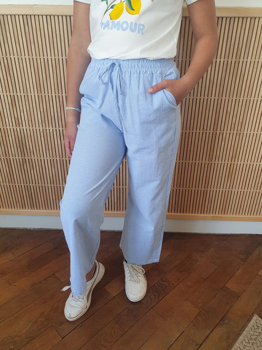 Pantalon rayé bleu et blanc fluide pour fille et ado