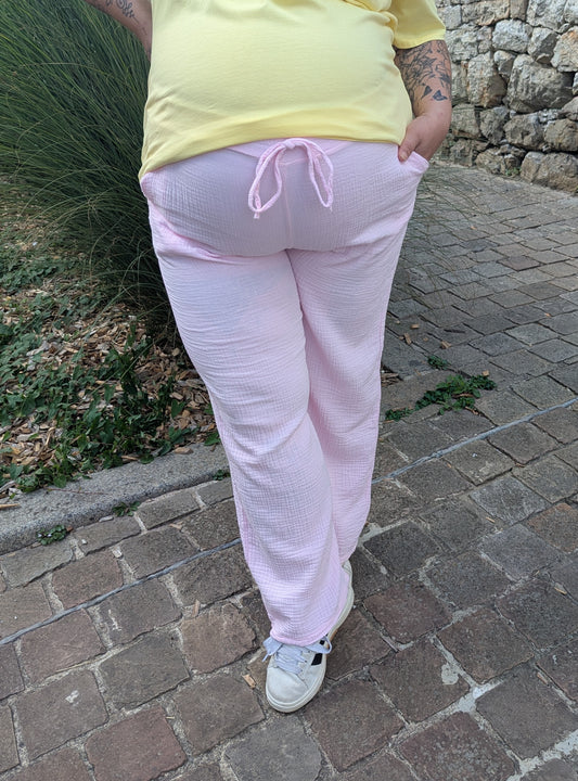 Pantalon gaze de coton couleur rose pale grande taille curvy