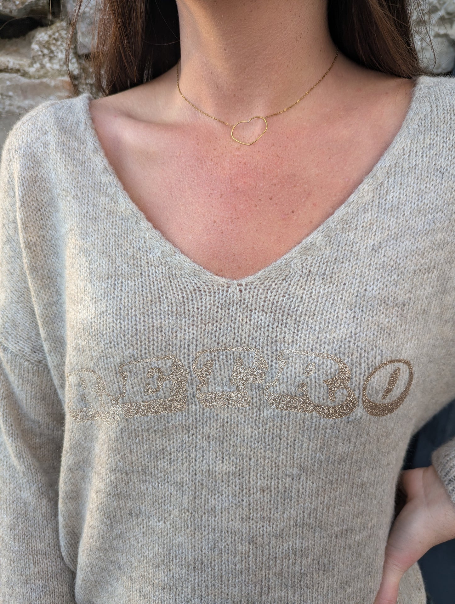 Pull oversize beige chiné et doré rétro