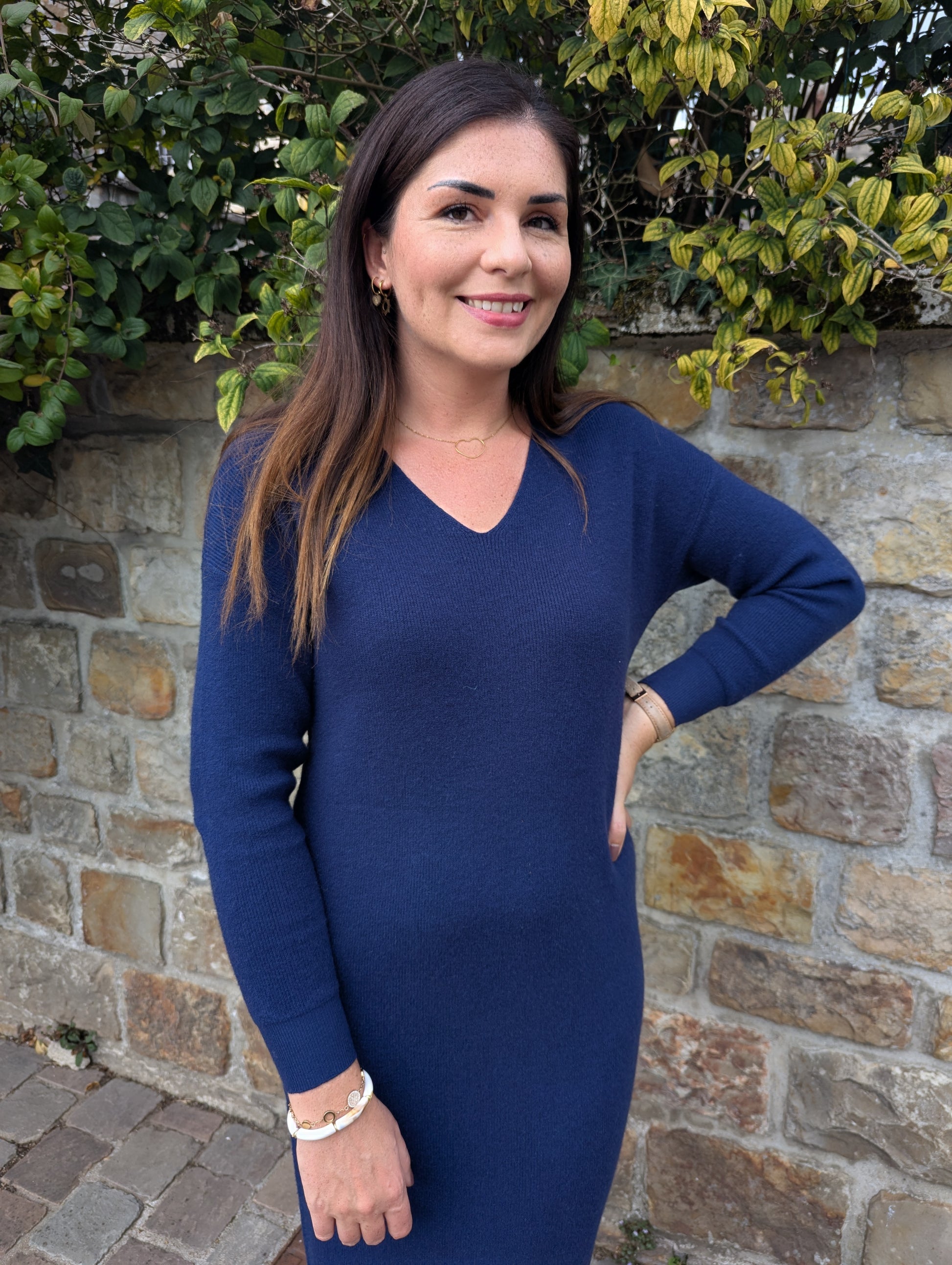 Robe pull bleu marine col en v stretch femme