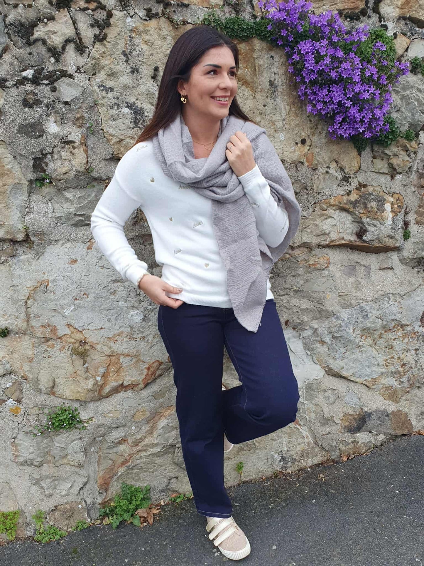 Echarpe épaisse gris perle femme asymétrique