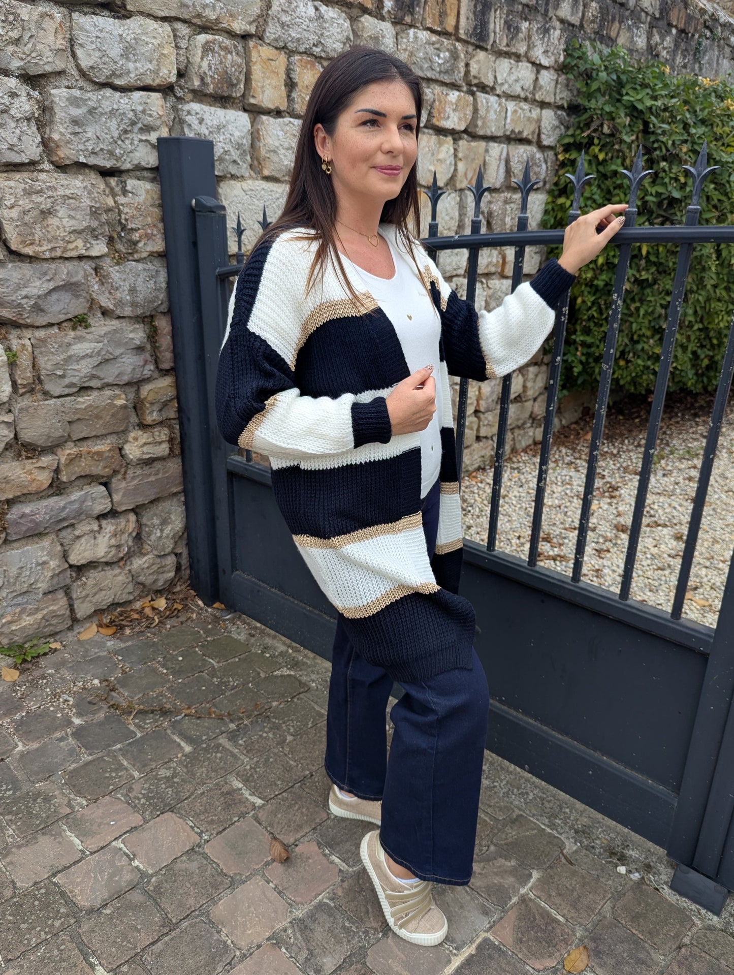 Gilet long bleu marine blanc doré rayures femme