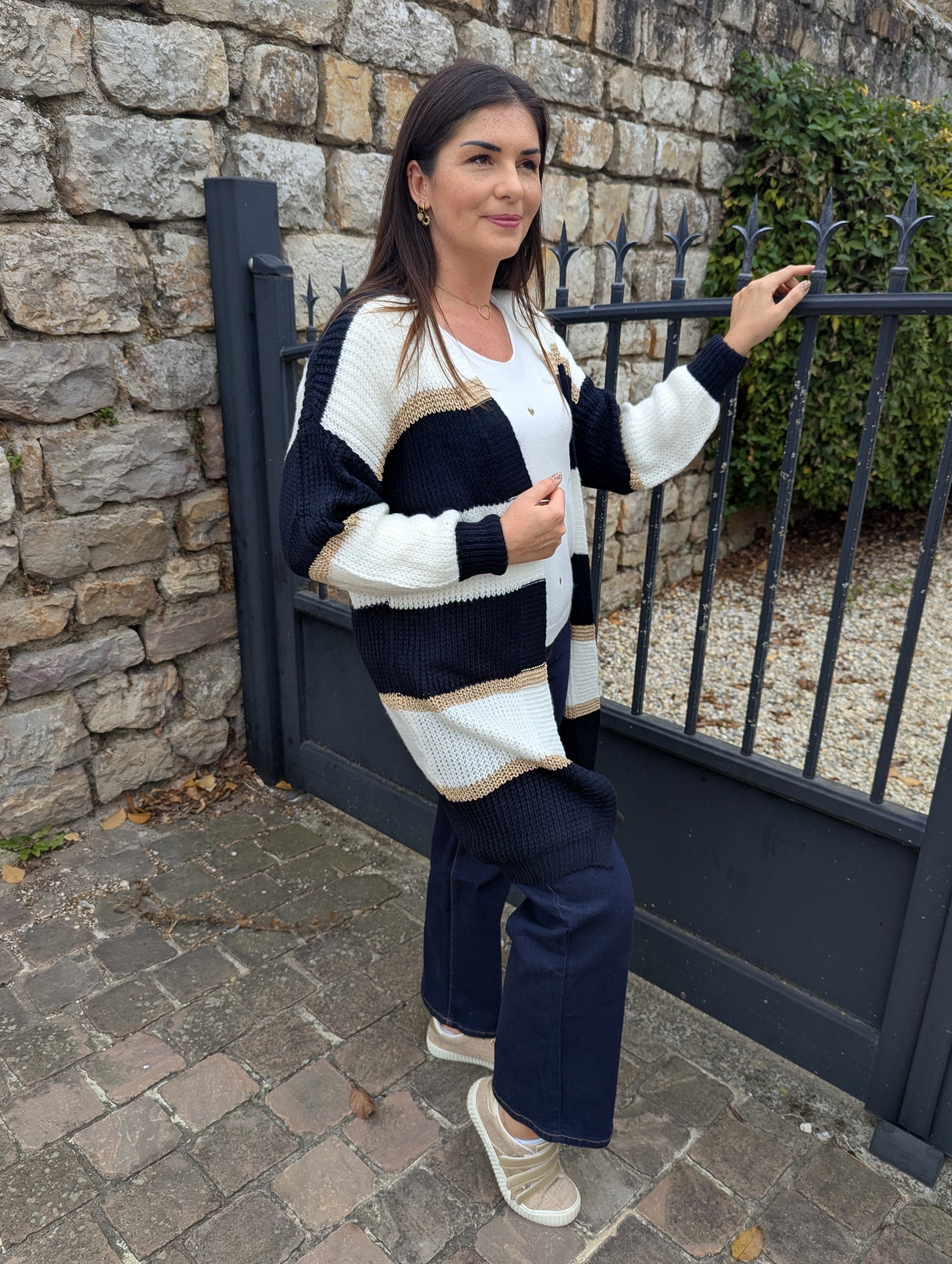 Gilet long bleu marine blanc doré rayures femme