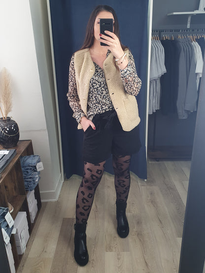 Chemisier fluide femme motif floral noir beige blanc