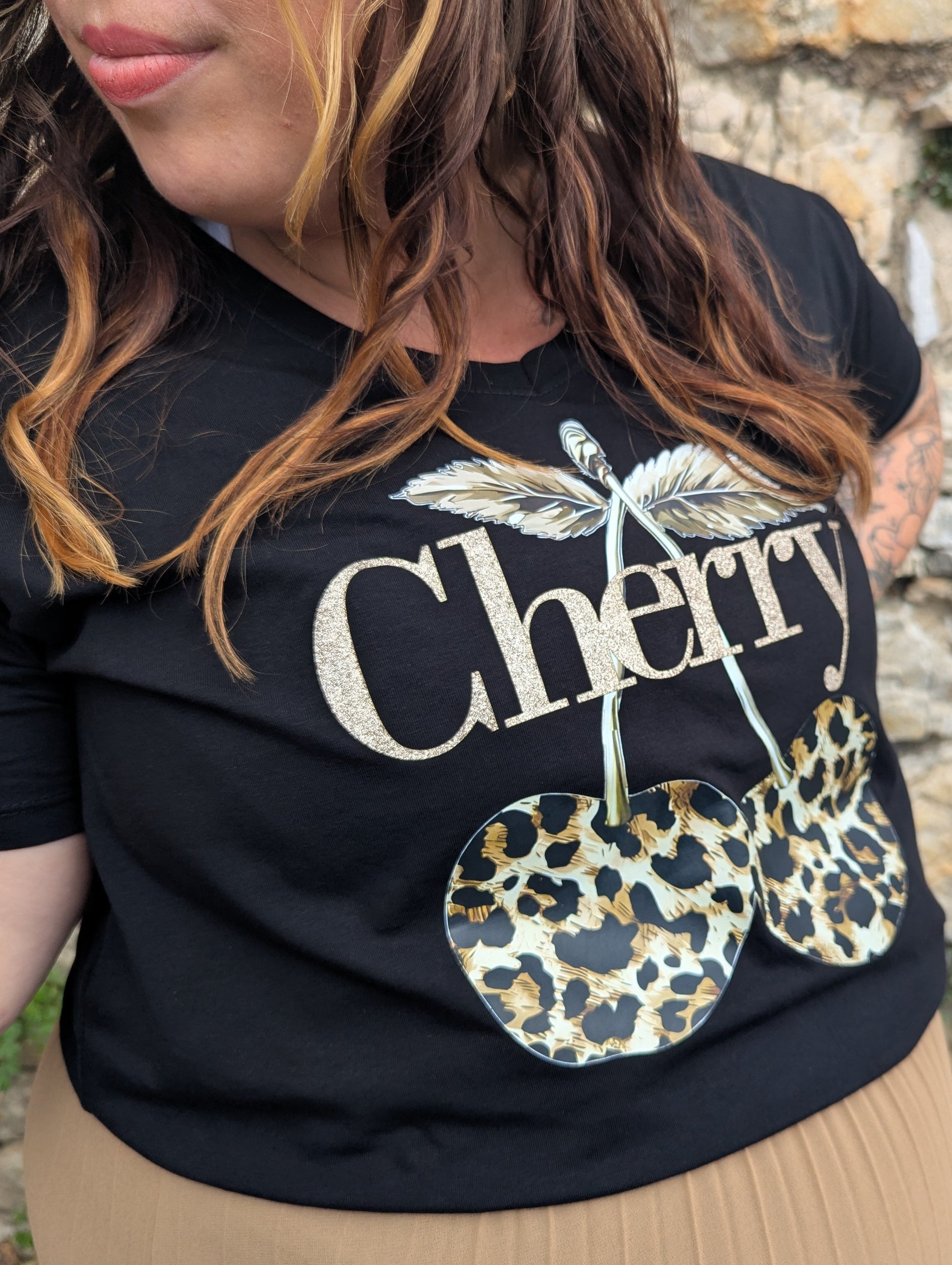 T-shirt cherry noir léopard doré paillettes grande taille