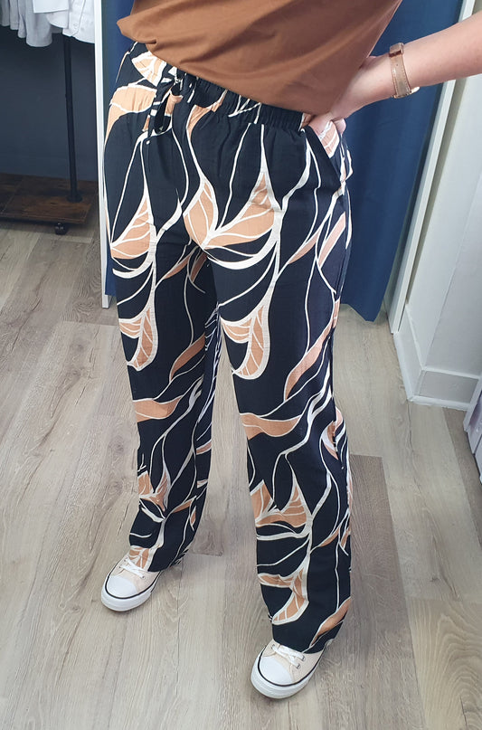 Pantalon fluide marbré marron noir taille haute avec noeud