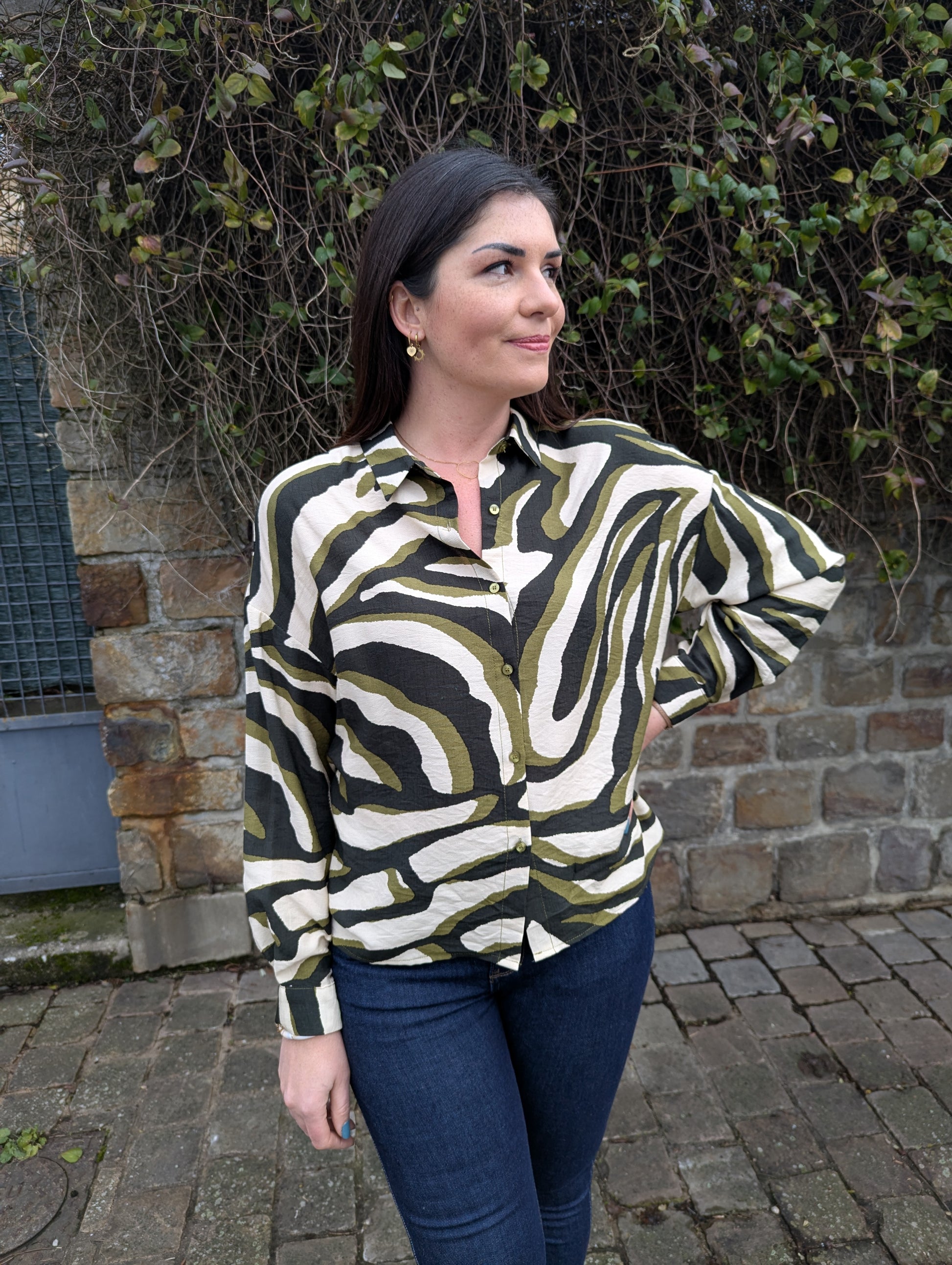 Chemise femme kaki beige noir motif zèbre