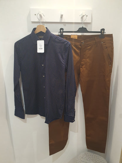 Chemise bleu marine rayures fines jaune moutarde homme