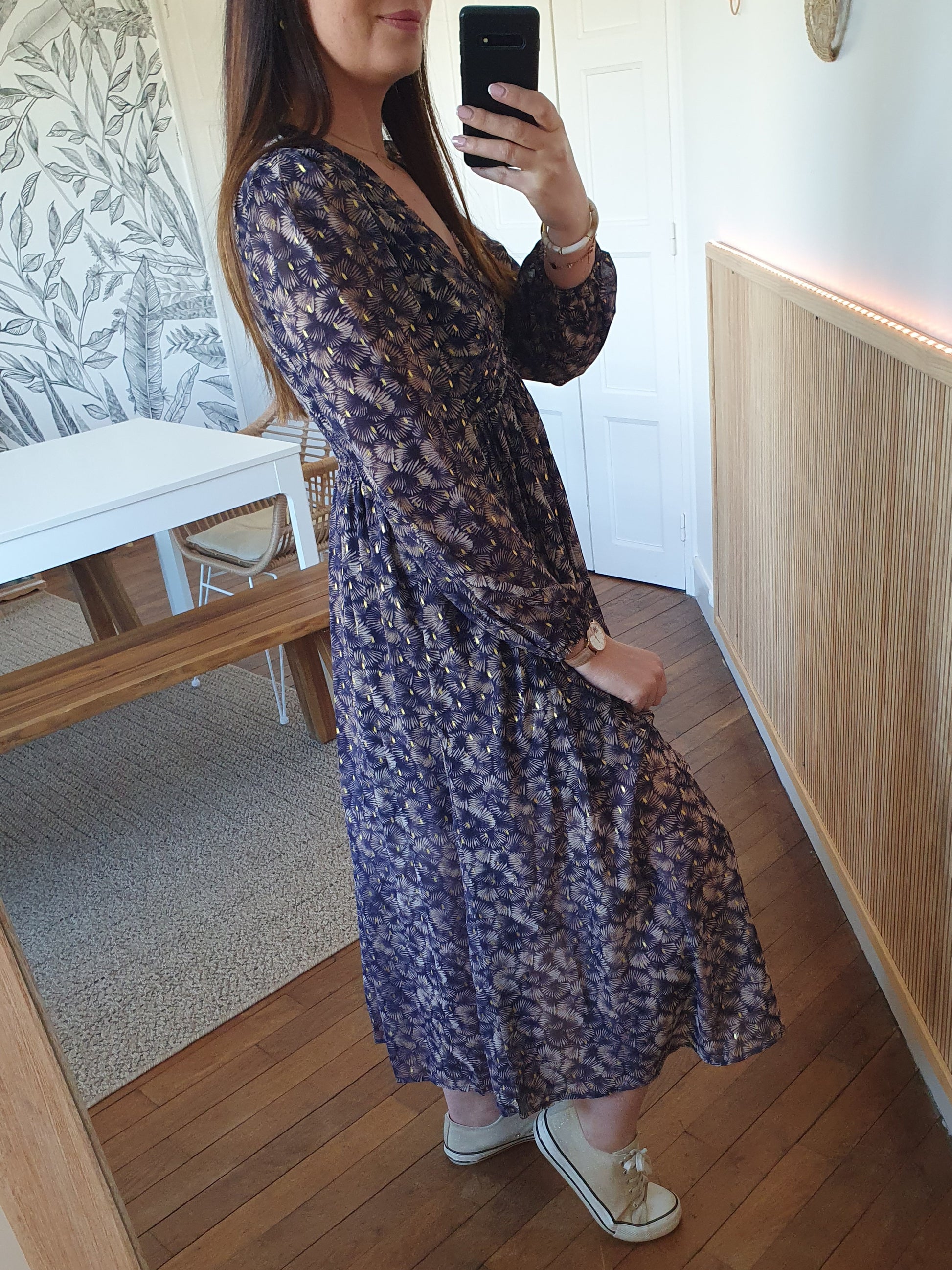 Robe longue manches longues pour femme bleu marine beige